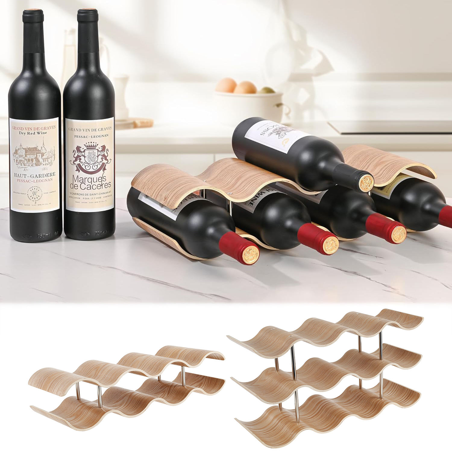Woodworking Room - 2/3-Tier Wooden Wine Rack Wavy Wine