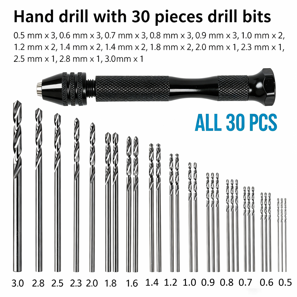 Woodworking Shop - 30pcs 0.5-3.0mm Mini Aluminum Hand Drill
